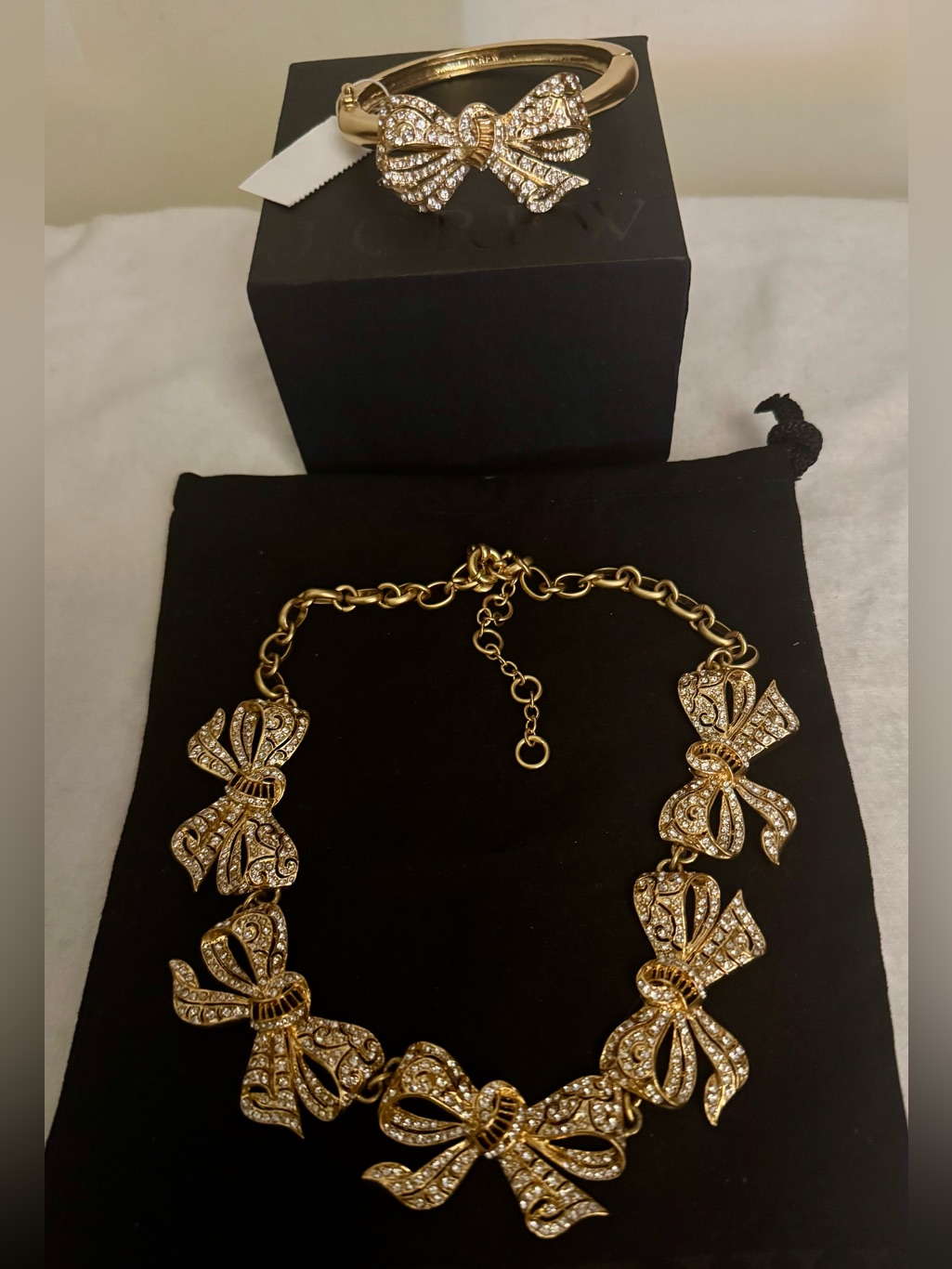 Nwt J.Crew Crystal Pav Bow Statement Necklace & Matching Bangle Bracelet Set
